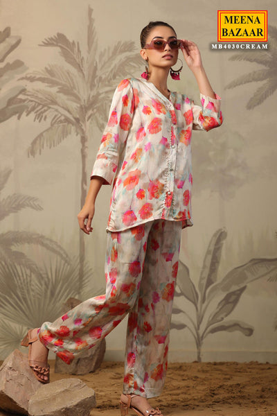 Multi-coloured Satin Floral Printed Kurti and Pant Co-ord Set