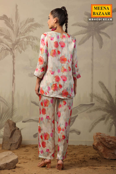 Multi-coloured Satin Floral Printed Kurti and Pant Co-ord Set