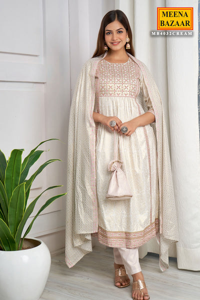 Cream Cotton Printed Suit with Floral Sequins and Thread Embroidered Neck