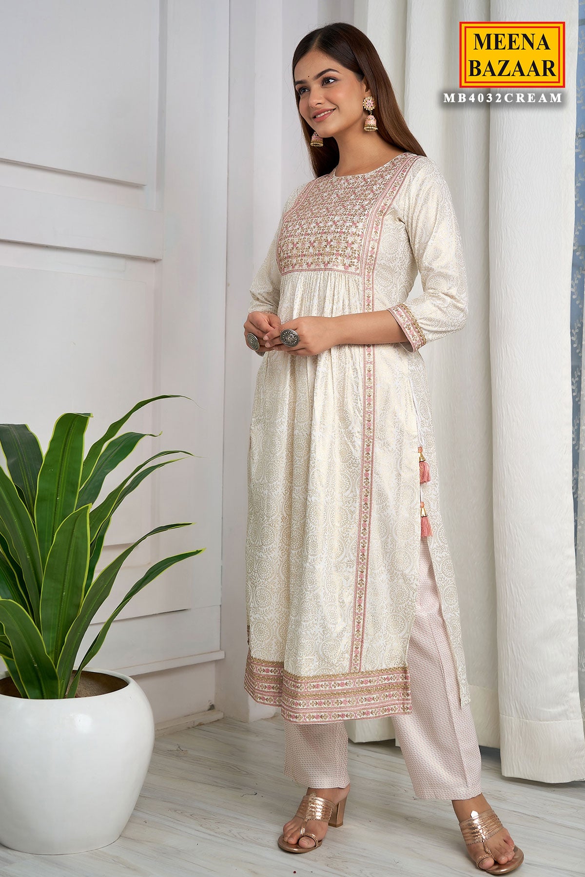 Cream Cotton Printed Suit with Floral Sequins and Thread Embroidered Neck
