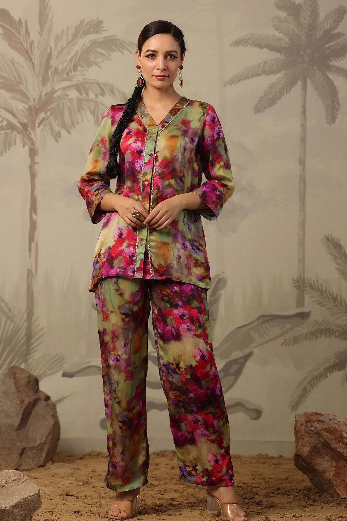 Green Satin Floral Printed Kurti and Pant Co-ord Set