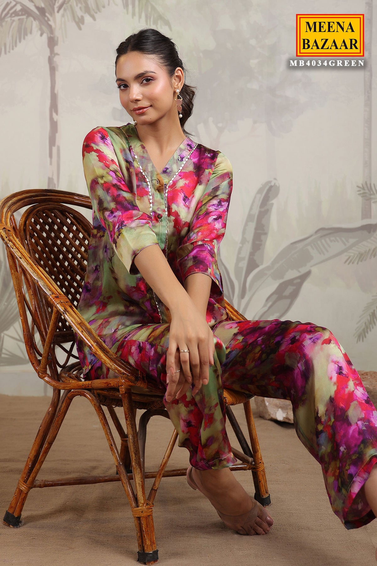 Green Satin Floral Printed Kurti and Pant Co-ord Set