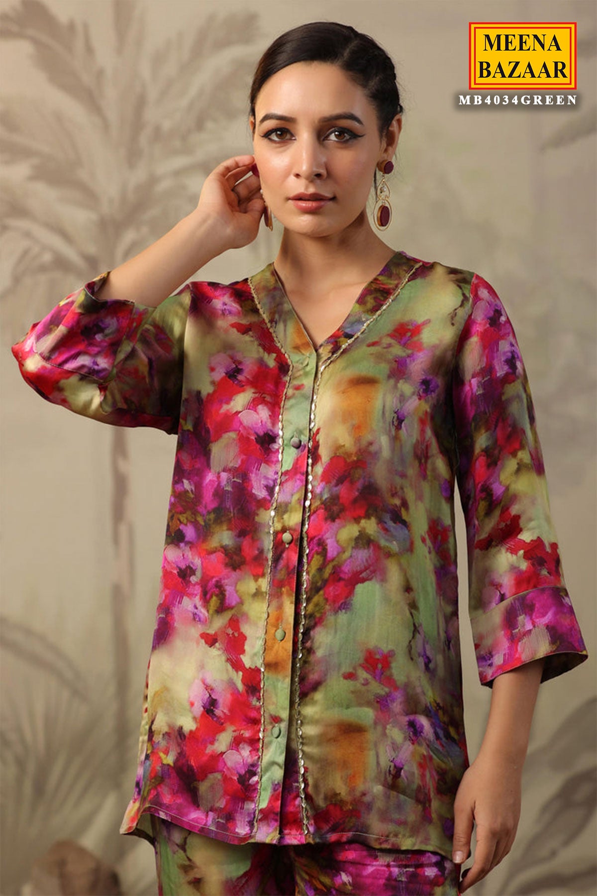 Green Satin Floral Printed Kurti and Pant Co-ord Set