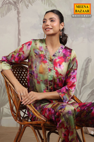 Green Satin Floral Printed Kurti and Pant Co-ord Set