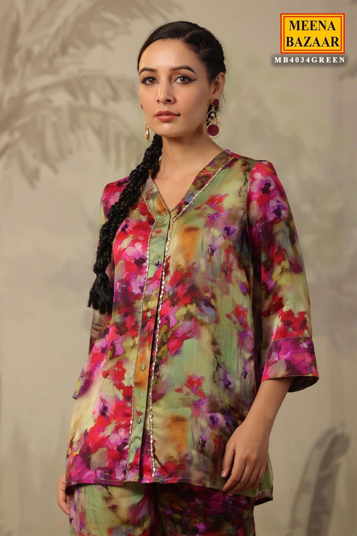 Green Satin Floral Printed Kurti and Pant Co-ord Set