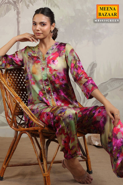 Green Satin Floral Printed Kurti and Pant Co-ord Set