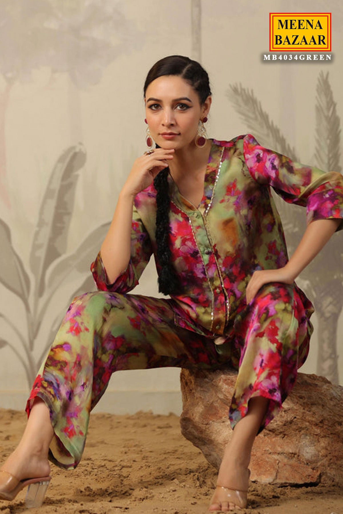 Green Satin Floral Printed Kurti and Pant Co-ord Set