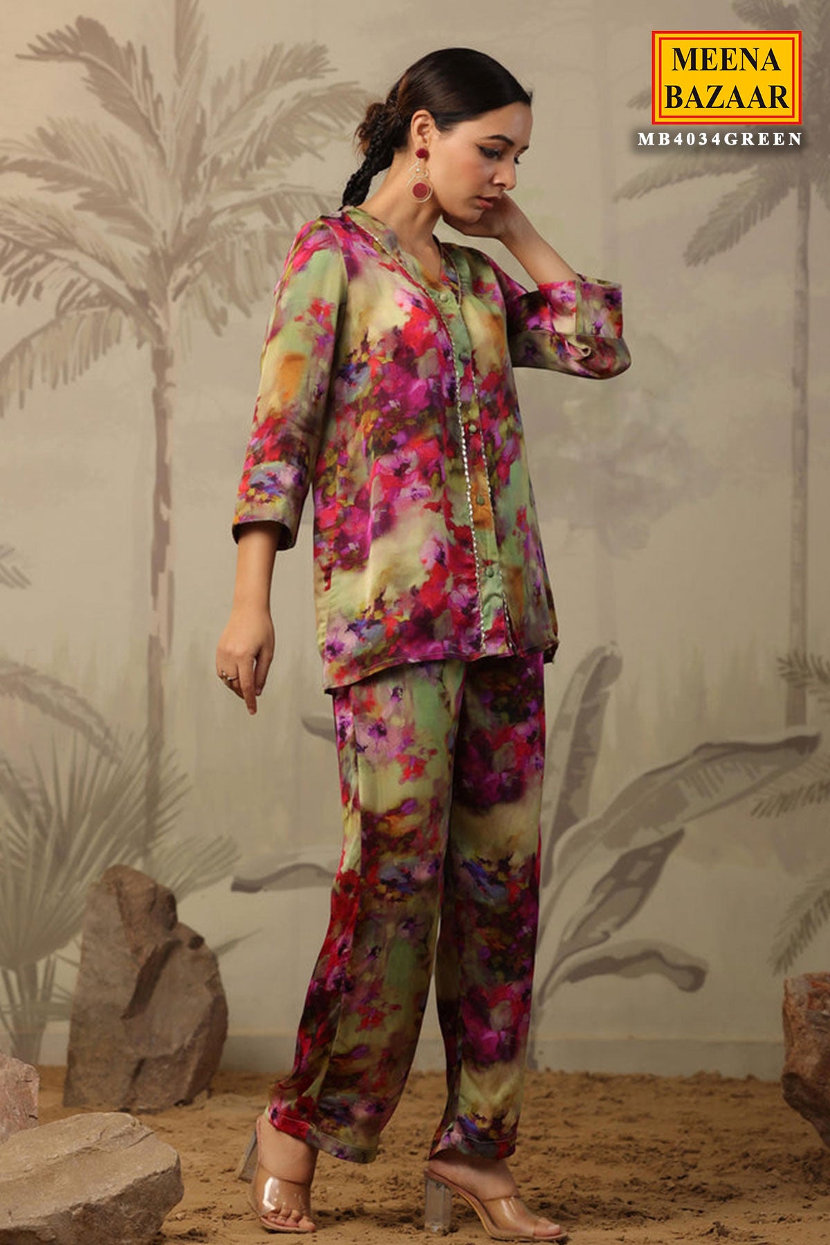 Green Satin Floral Printed Kurti and Pant Co-ord Set