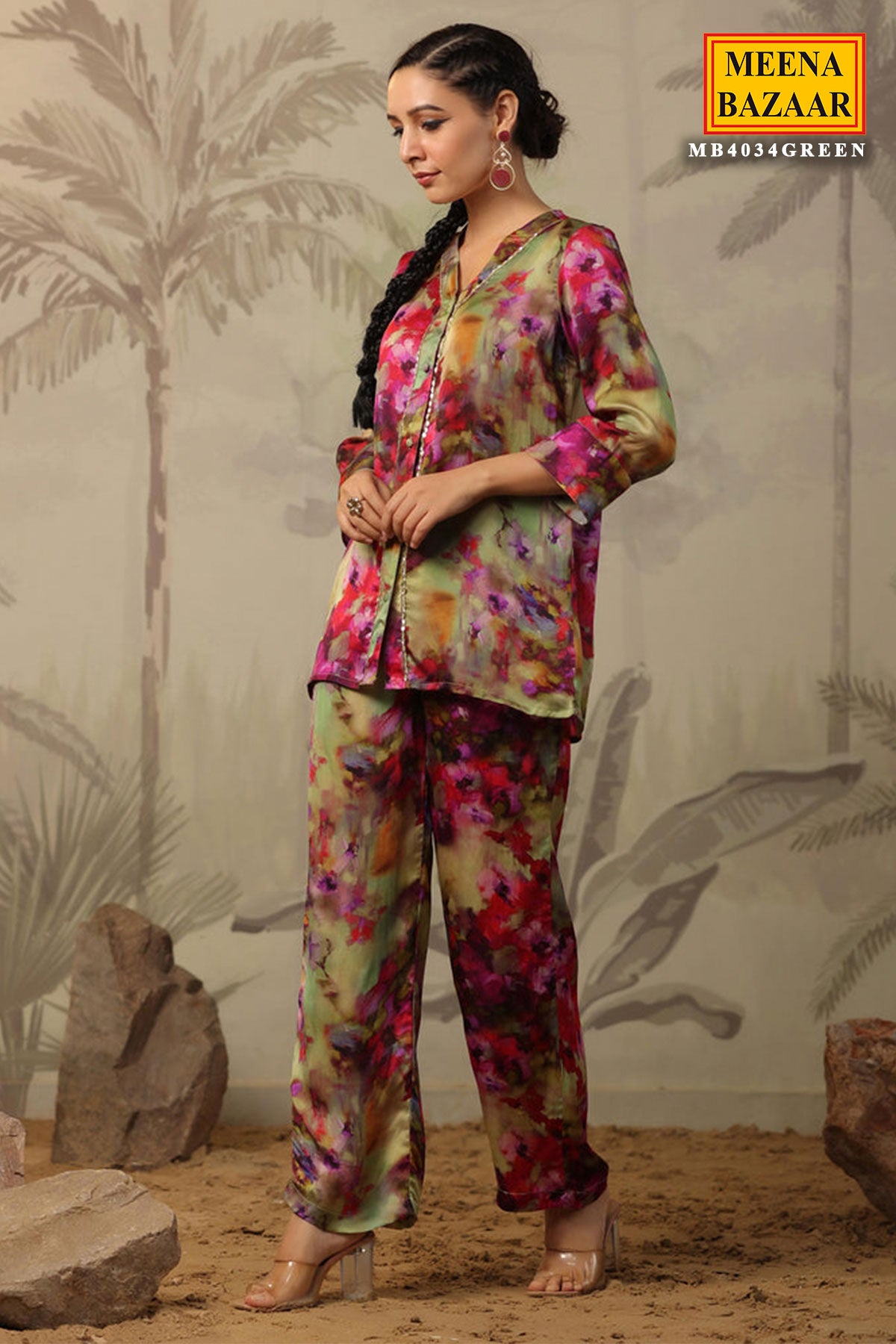 Green Satin Floral Printed Kurti and Pant Co-ord Set