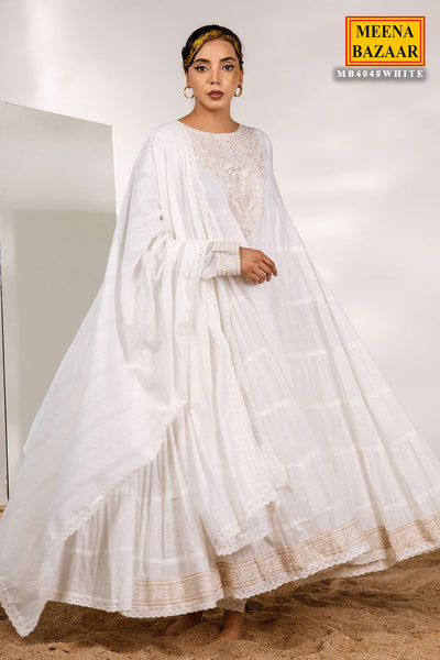 White Cotton Suit with Threadwork, Zari, and Lace Embroidery