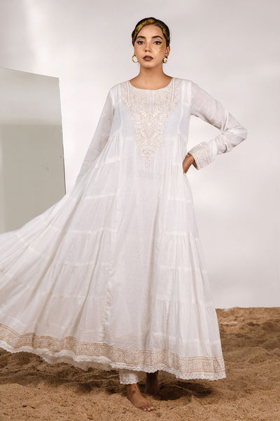 White Cotton Suit with Threadwork, Zari, and Lace Embroidery