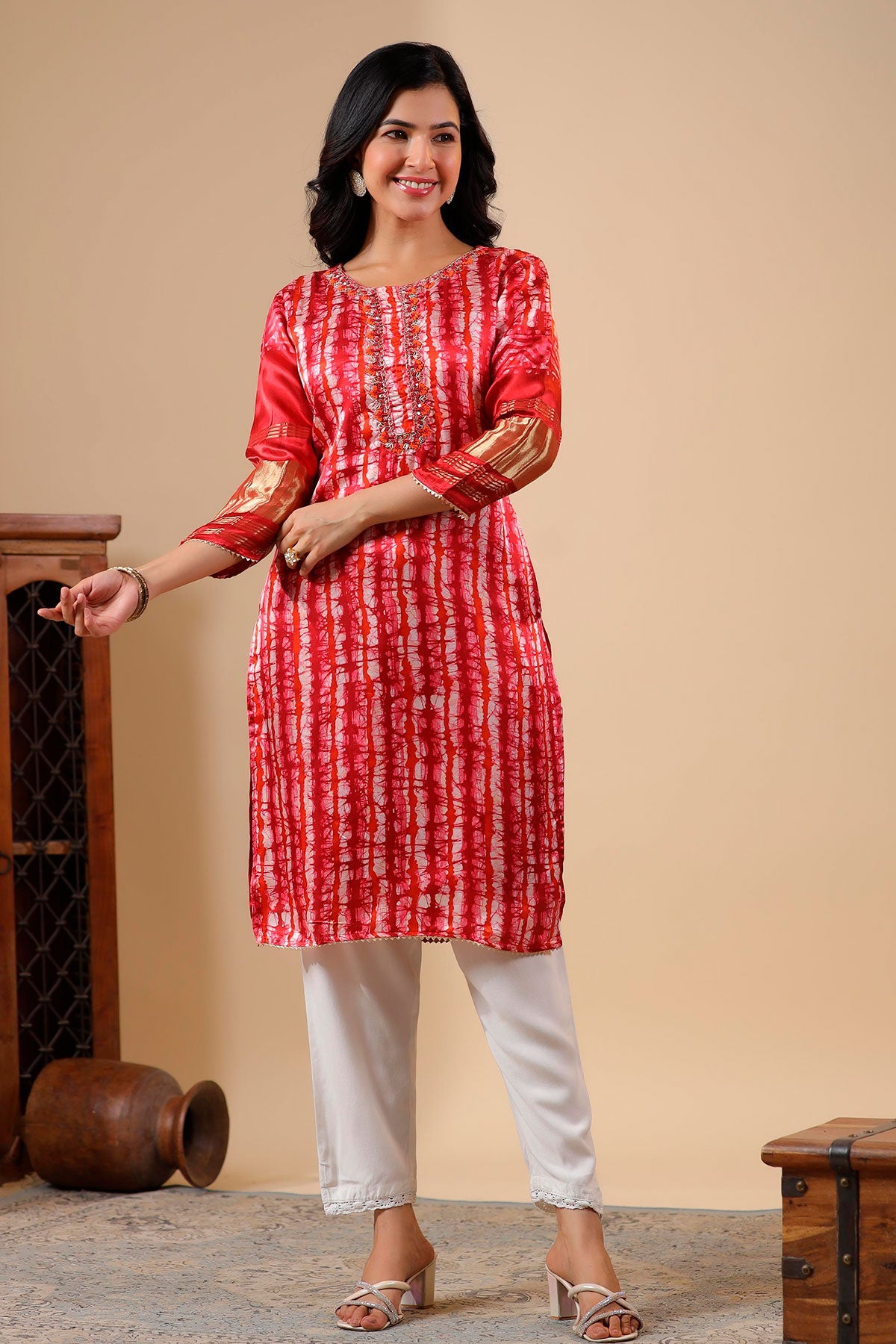 Red-Maroon Neck Embroidered Satin Kurti With Pant Set