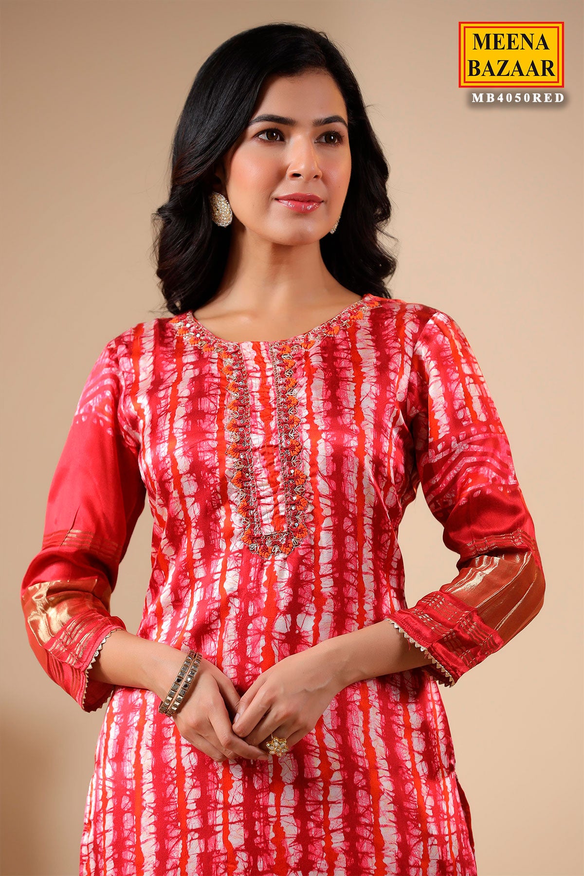 Red-Maroon Neck Embroidered Satin Kurti With Pant Set