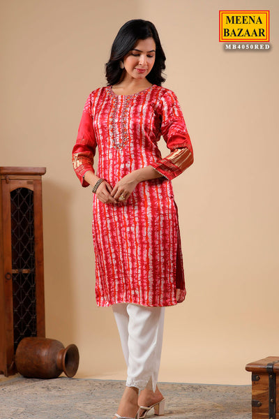 Red-Maroon Neck Embroidered Satin Kurti With Pant Set