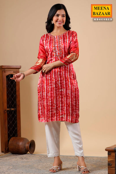 Red-Maroon Neck Embroidered Satin Kurti With Pant Set