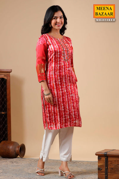 Red-Maroon Neck Embroidered Satin Kurti With Pant Set