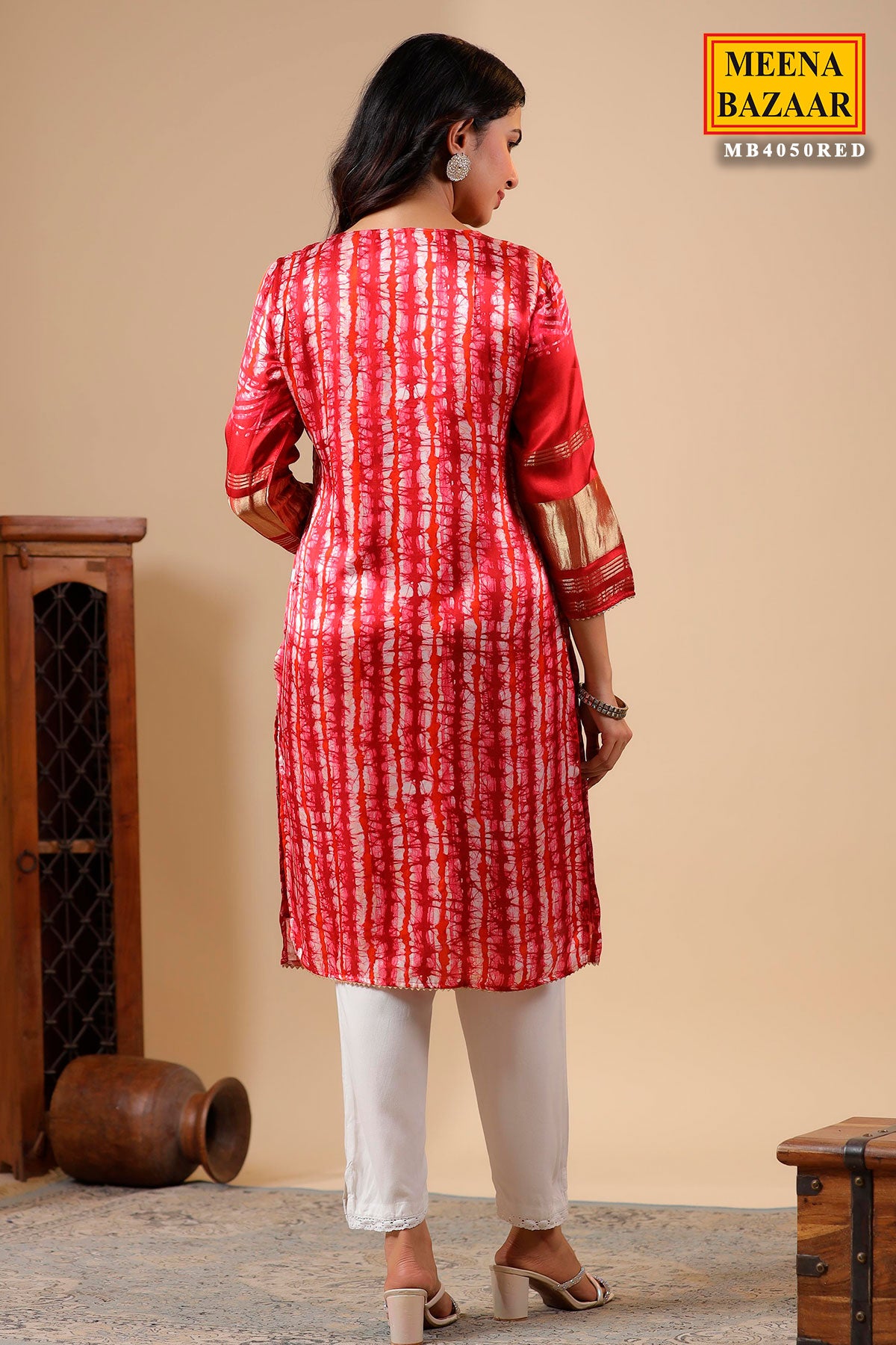 Red-Maroon Neck Embroidered Satin Kurti With Pant Set