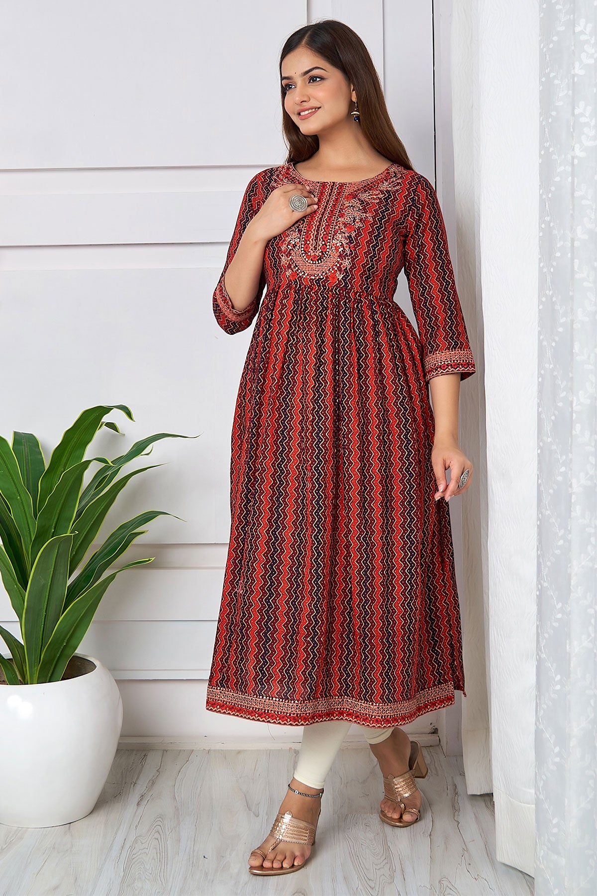 Maroon Cotton Chevron Printed Kurti with Thread and Sequins Embroidered Neck
