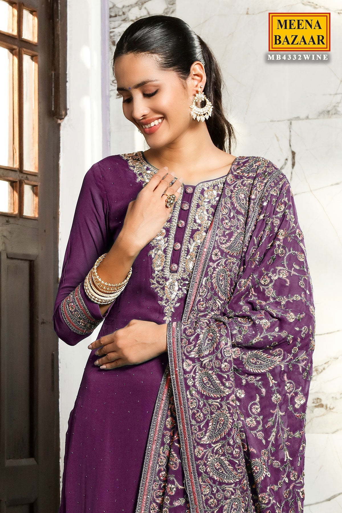 Wine Georgette Embroidered Suit