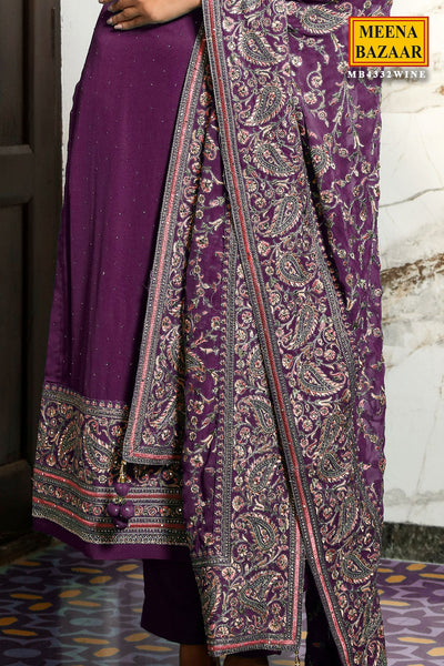 Wine Georgette Embroidered Suit