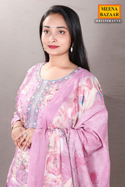 Mauve Floral Printed Thread Embroidered Cotton Suit Set