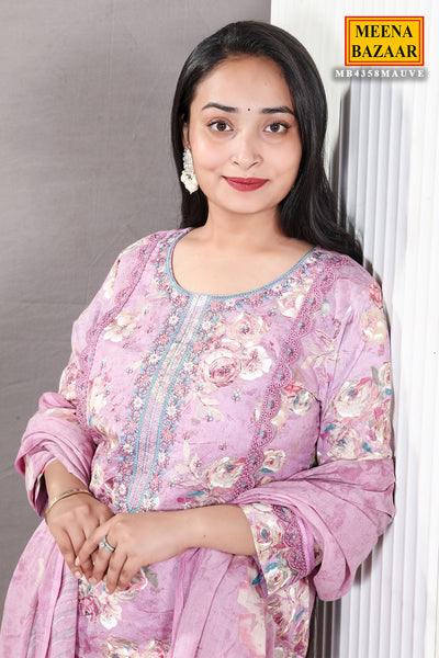 Mauve Floral Printed Thread Embroidered Cotton Suit Set