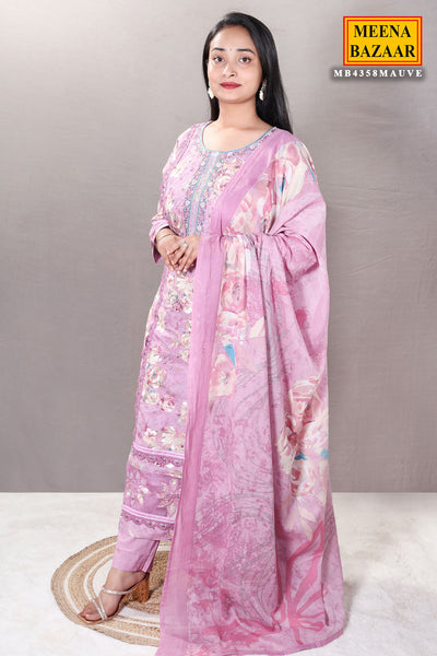 Mauve Floral Printed Thread Embroidered Cotton Suit Set