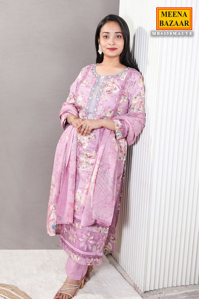 Mauve Floral Printed Thread Embroidered Cotton Suit Set