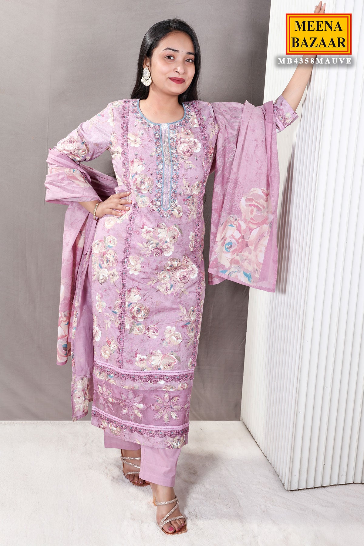 Mauve Floral Printed Thread Embroidered Cotton Suit Set