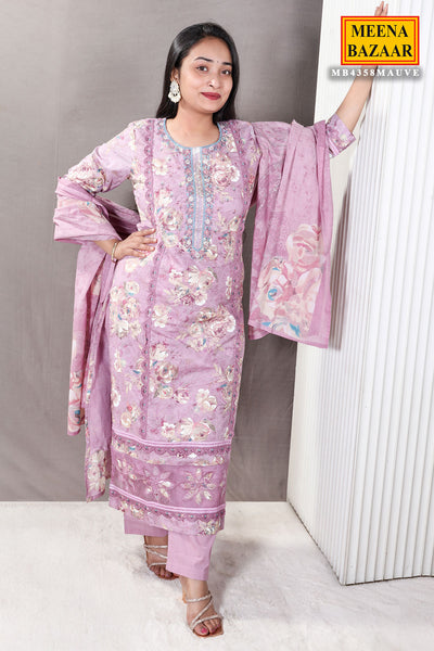 Mauve Floral Printed Thread Embroidered Cotton Suit Set