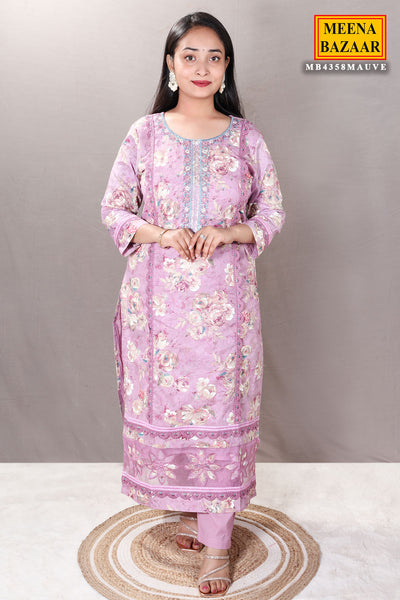Mauve Floral Printed Thread Embroidered Cotton Suit Set