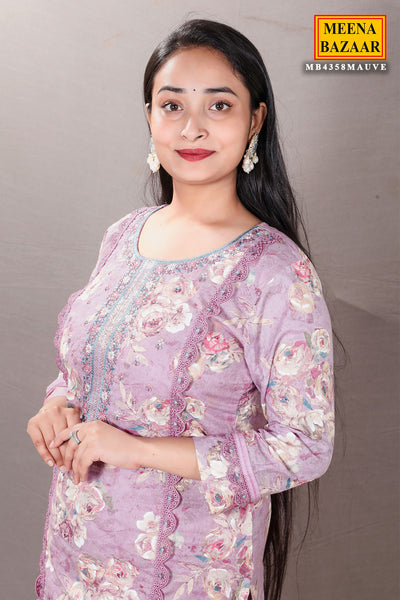 Mauve Floral Printed Thread Embroidered Cotton Suit Set