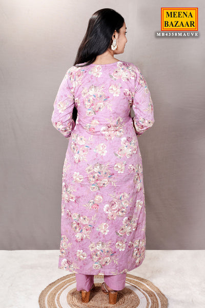 Mauve Floral Printed Thread Embroidered Cotton Suit Set