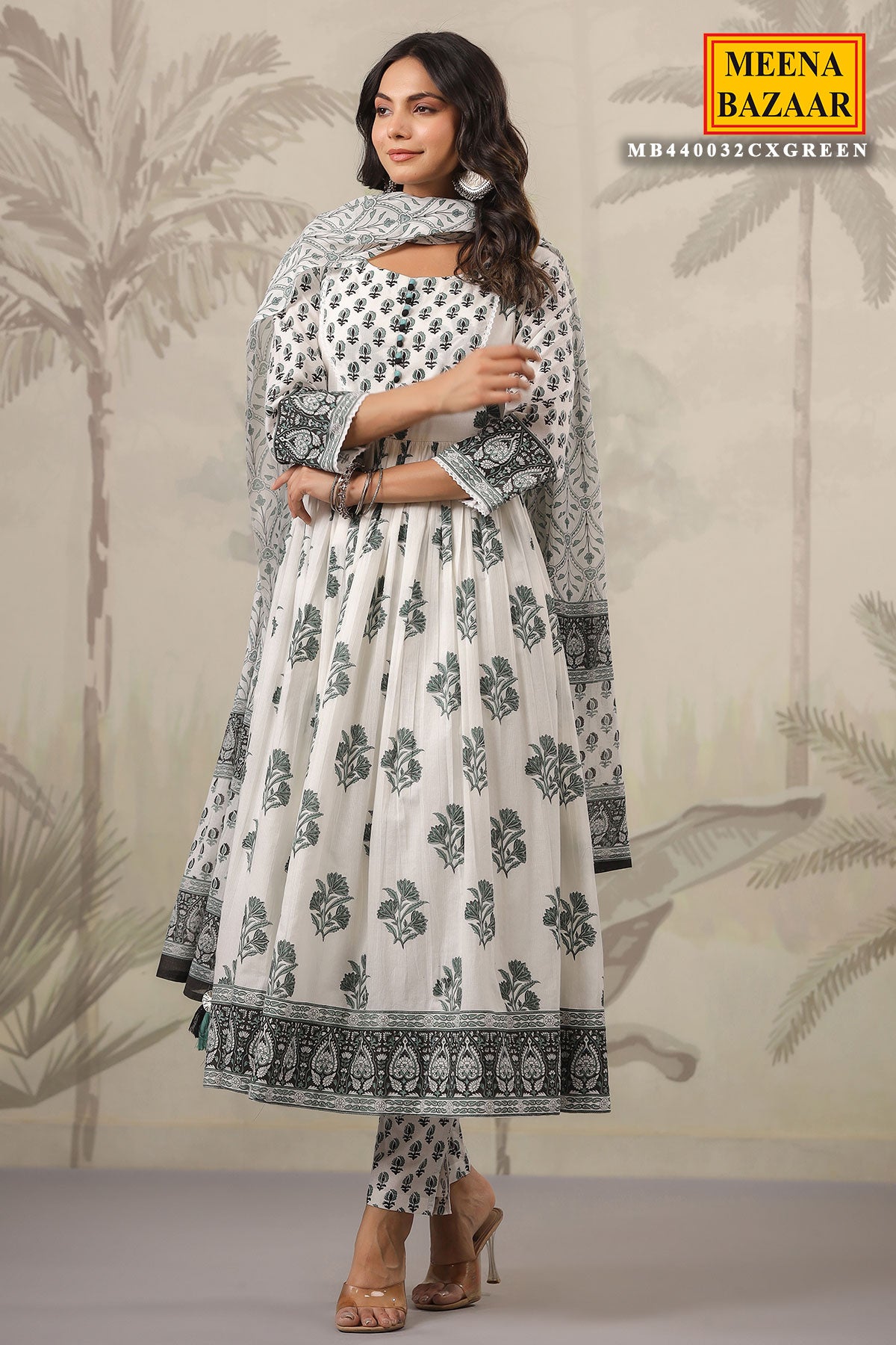 Green & White Cotton Lace Embroidered Suit Set