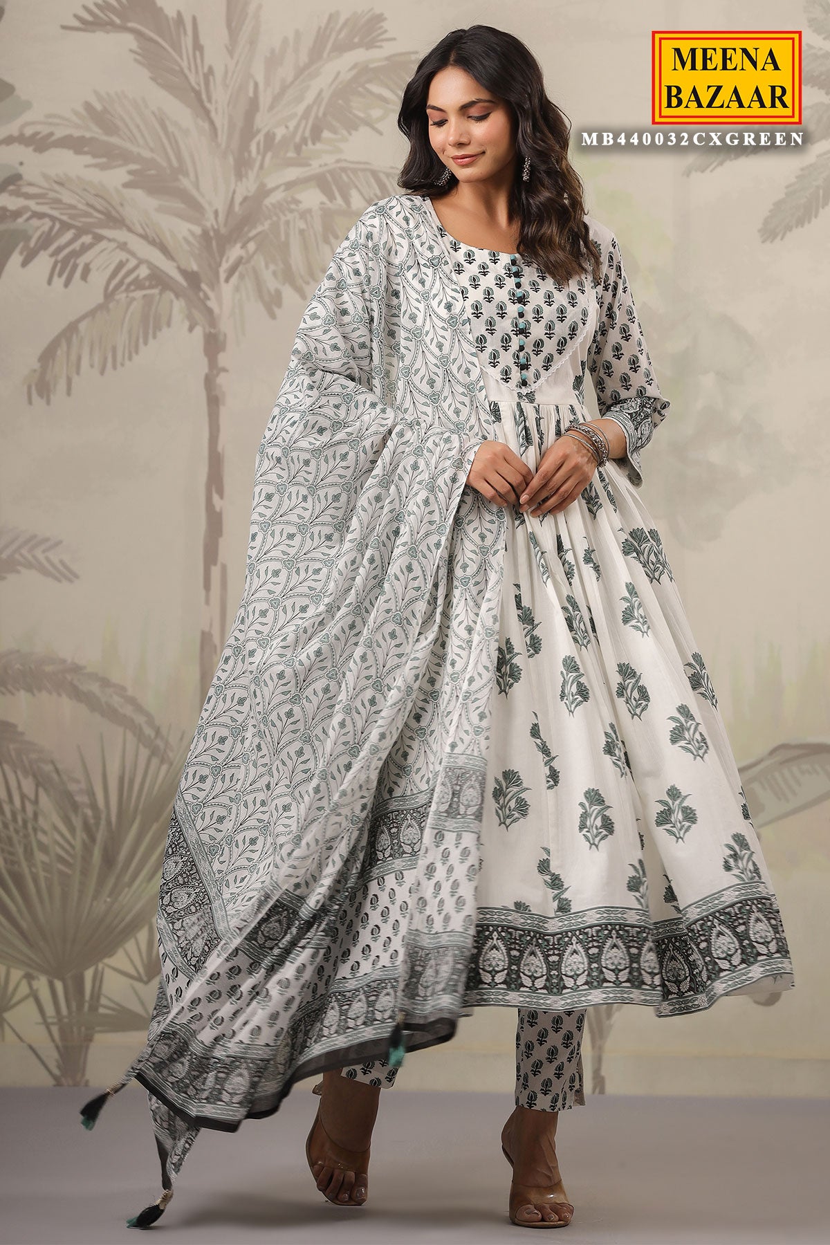 Green & White Cotton Lace Embroidered Suit Set