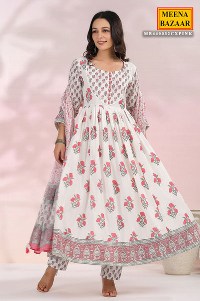 Pink & White Cotton Lace Embroidered Suit Set
