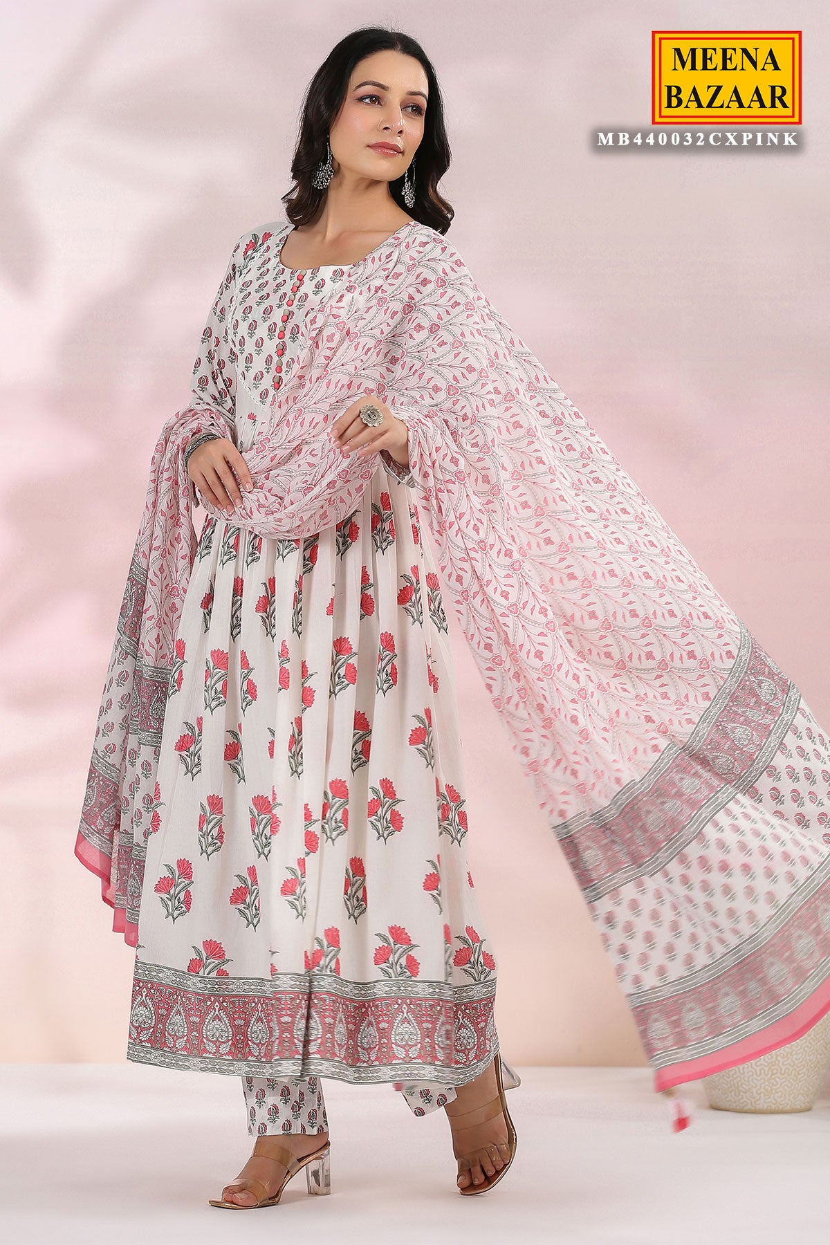 Pink & White Cotton Lace Embroidered Suit Set