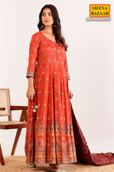 Rust Crepe Gota Sequin  Embroidered Anarkali Kurti Dress With Dupatta