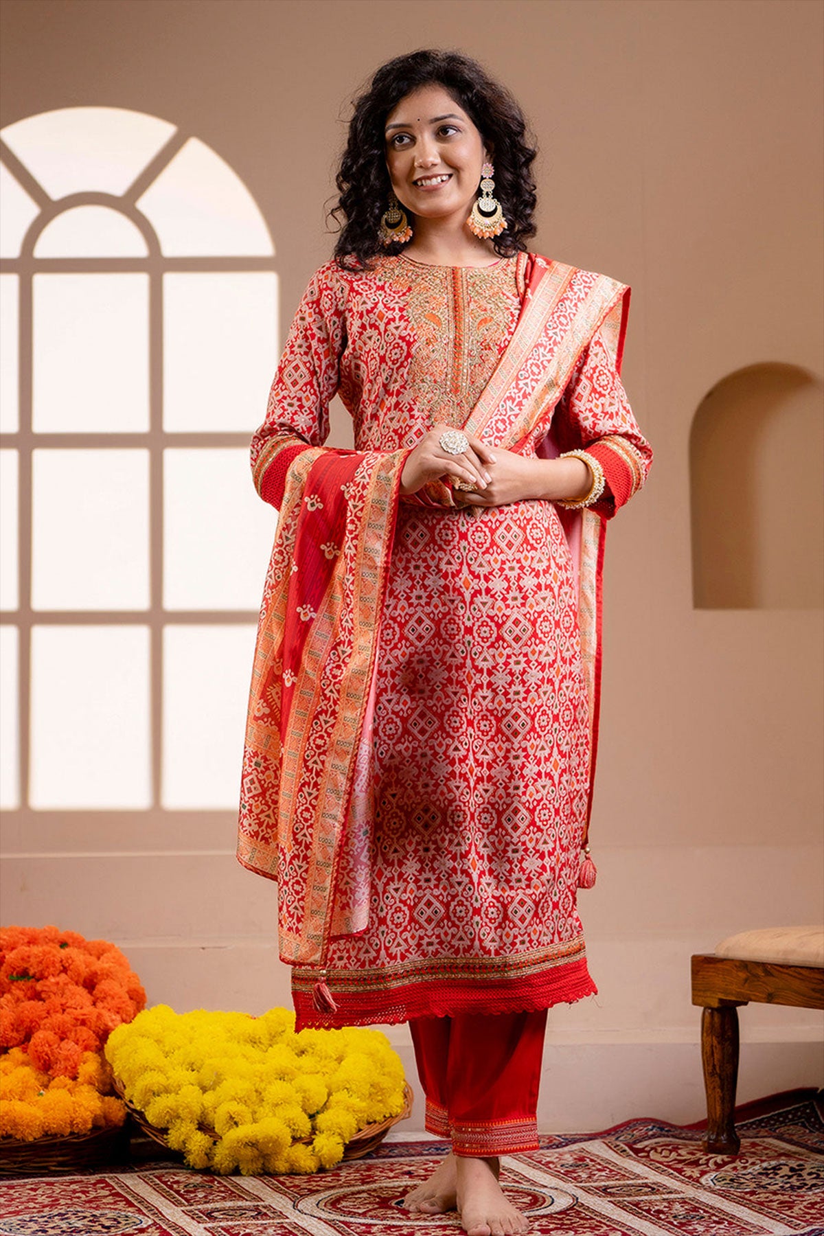 Red Neck Embroidered Muslin Suit Set