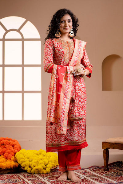 Red Neck Embroidered Muslin Suit Set