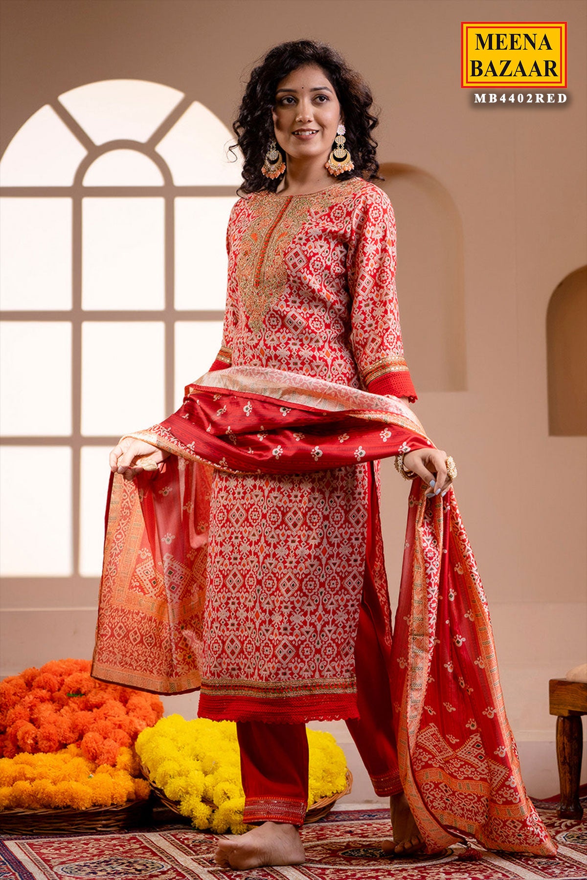 Red Neck Embroidered Muslin Suit Set