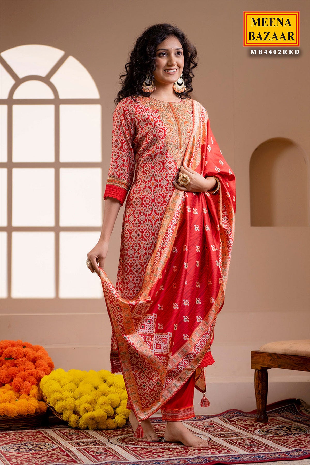 Red Neck Embroidered Muslin Suit Set