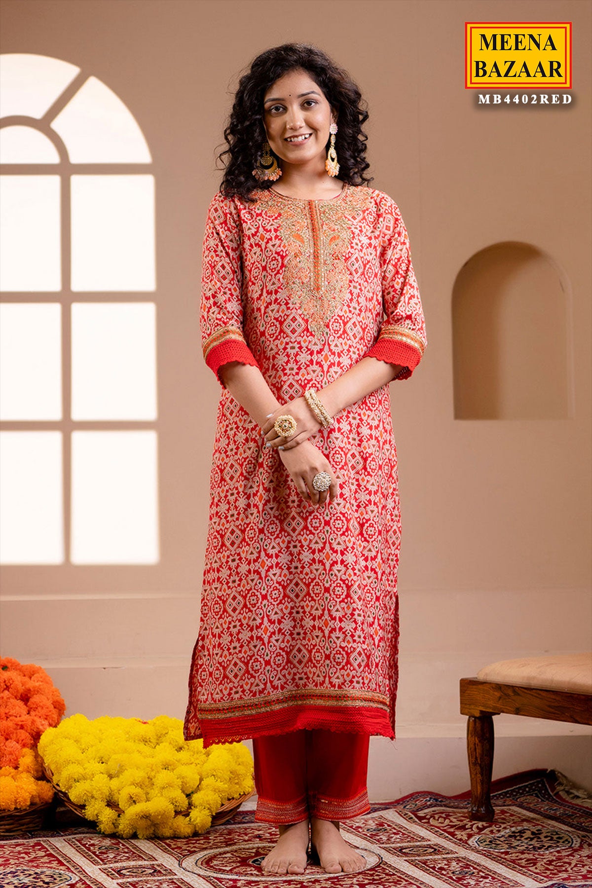 Red Neck Embroidered Muslin Suit Set