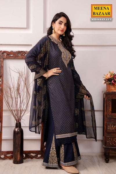 Navy Rayon Printed Neck Embroidered Suit