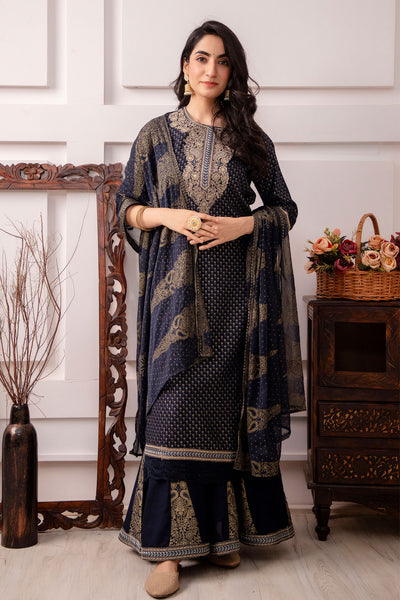 Navy Rayon Printed Neck Embroidered Suit