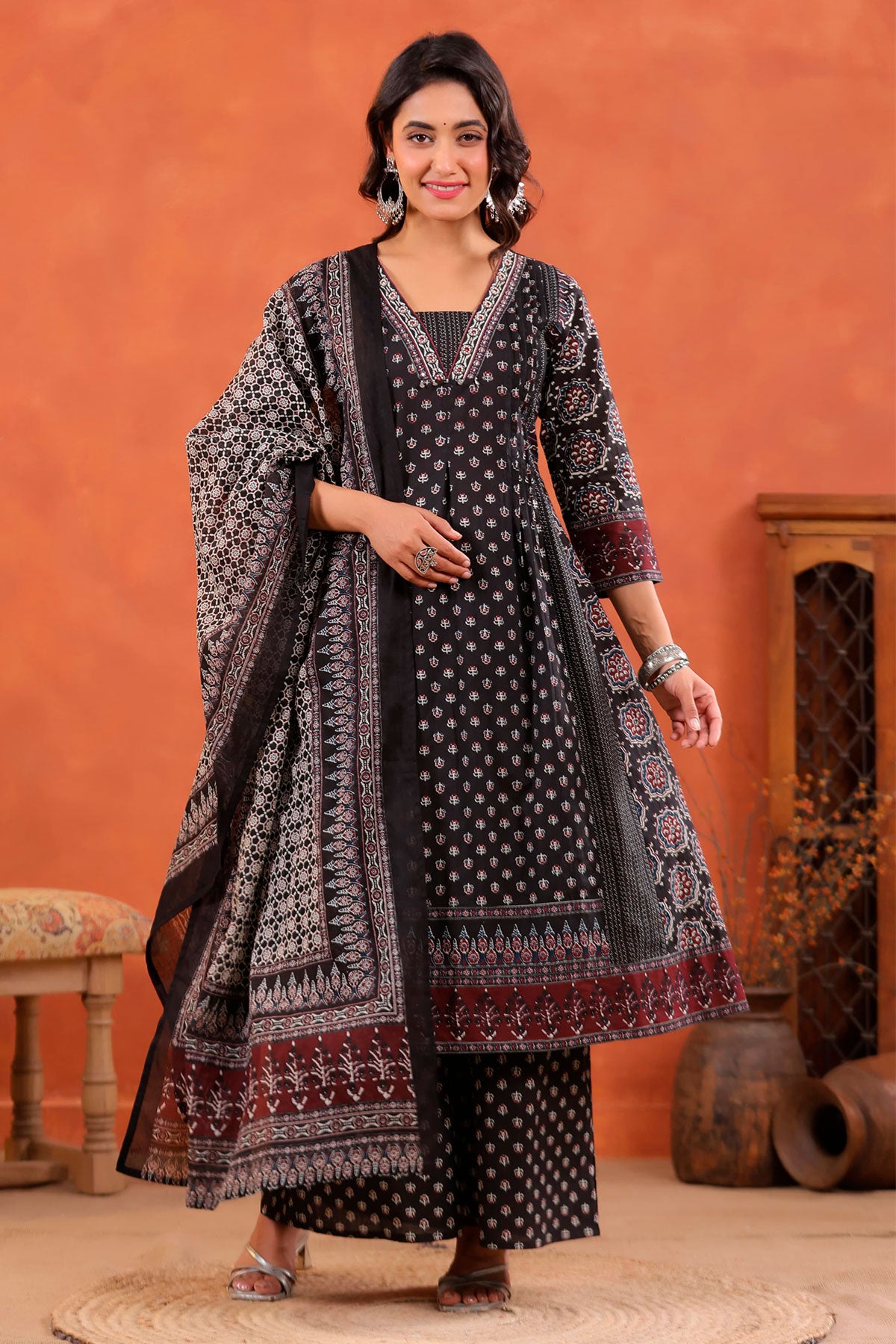 Black Block Printed Bohemian Cotton Ready Made Suit