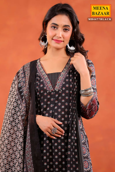Black Block Printed Bohemian Cotton Ready Made Suit