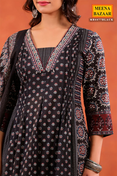 Black Block Printed Bohemian Cotton Ready Made Suit