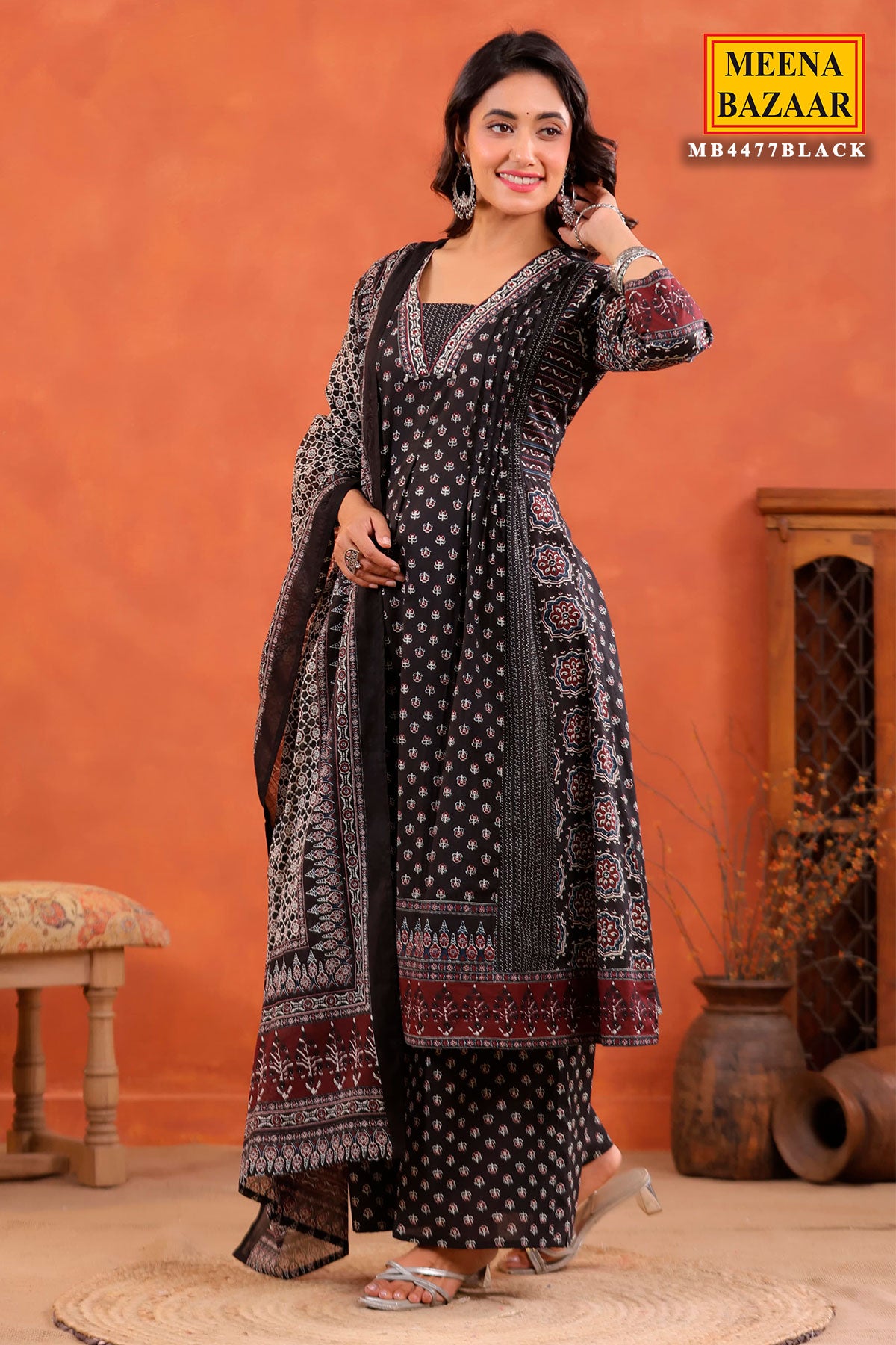 Black Block Printed Bohemian Cotton Ready Made Suit