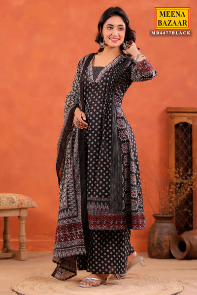 Black Block Printed Bohemian Cotton Ready Made Suit